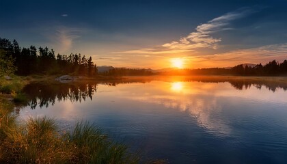 Fototapeta premium A serene scene with the sun setting over the calm waters of a lake