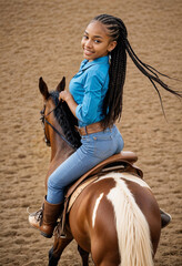 Obraz premium Young African American girl with long braids, a denim shirt and jeans riding a brown horse pony in dirt arena rodeo.