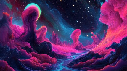 Fototapeta premium A trippy cosmic landscape with vibrant, pulsating star systems and ethereal, swirling nebulae. The neon colors and abstract shapes create a visually stunning and immersive outer space scene.