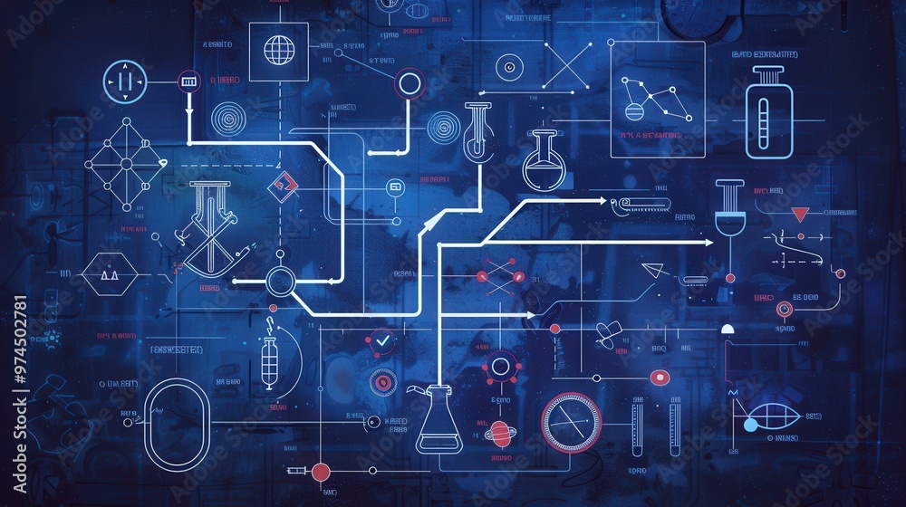 Poster blueprint of a scientific method flowchart with feedback loops, illustrating how conclusions can lea
