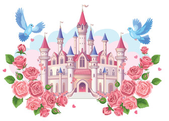 A wonderful cute princess castle in a fairytale style, pink design. Magic kingdom. Vintage Palace and beautiful flower meadow with rainbow. Wonderland. Children cartoon illustration for girl. Vector.