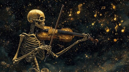 Naklejka premium Skeleton Playing Violin in Space with Golden Musical Notes