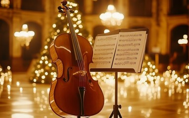 A cello stands beside sheet music in a beautifully lit hall, adorned with festive decorations, creating a warm, musical atmosphere.