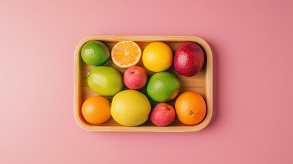 A vibrant assortment of fresh fruits arranged in a wooden tray, showcasing colorful oranges, lemons, and apples on a pink background.