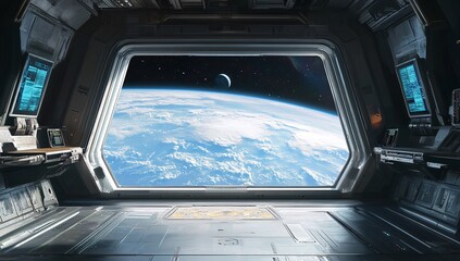 Naklejka premium A breathtaking view of Earth from a futuristic space station during a serene moment in space with distant celestial bodies visible