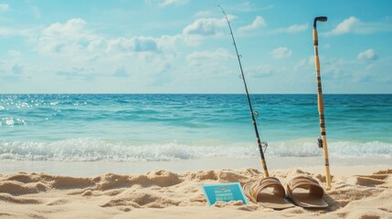Peaceful Beach Day with Fishing Rods and Sandals