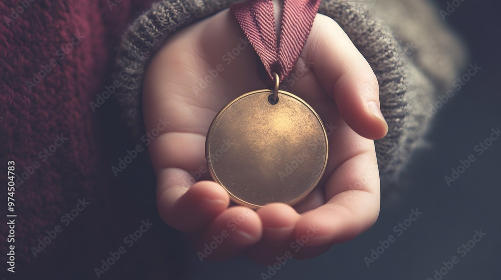 Sticker Child's Hand Holding a Medal: A small child's hand holding a large medal, with a focus on the innocence and pride of the moment. 
