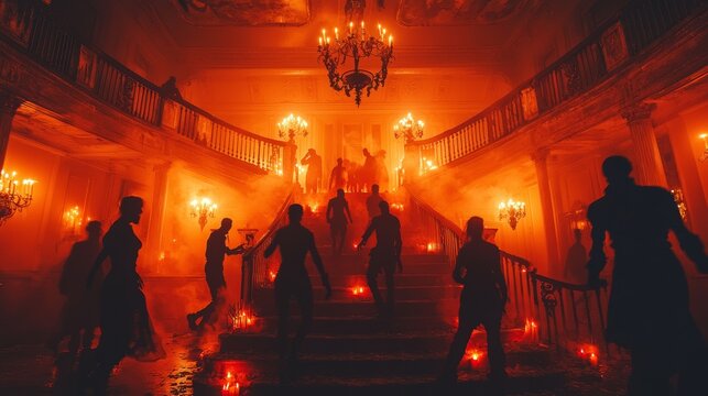 Silhouettes of People Walking up a Grand Staircase in a Mysterious Mansion with Candlelight