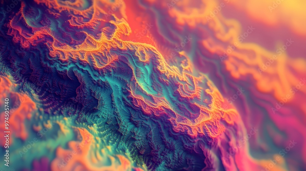 Poster an abstract visual of trippy textures with vibrant gradients and intricate fractal patterns.
