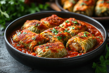Fototapeta premium Delicious stuffed cabbage rolls simmered in rich tomato sauce in a black bowl. Garnished with fresh parsley, perfect for a hearty homemade meal.