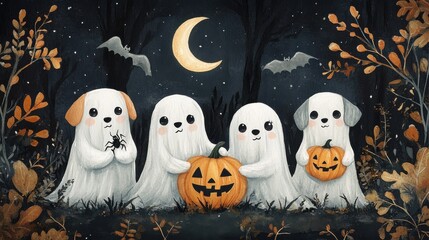 Obraz premium A Halloween-themed watercolor featuring four dogs in ghost costumes, one holding a pumpkin, with a dark background, crescent moon, bats, and spiders. Cute yet eerie.
