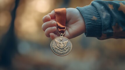 Child's Hand Holding a Medal: A small child's hand holding a large medal, with a focus on the innocence and pride of the moment. 

