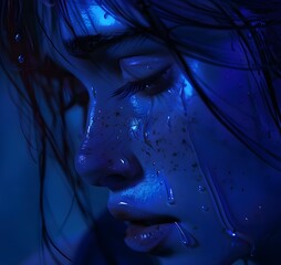 Abstract Close-up of Blue Face with Water Droplets and Emotion