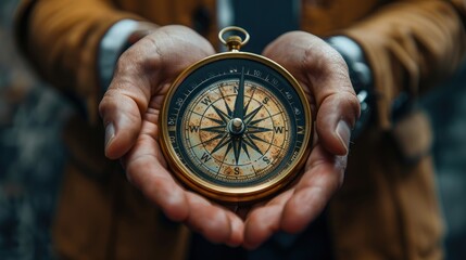 Holding a vintage compass in an urban setting during twilight, searching for direction and adventure. Generative AI