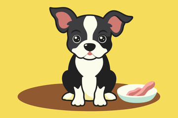 puppy with a short coat and floppy ears is sitting next to a plate of bacon strips C.eps