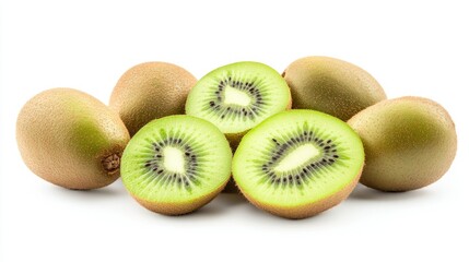 Fototapeta premium Close-up of whole and cut kiwi fruits against a pure white background, perfect for a fresh and healthy food visual.
