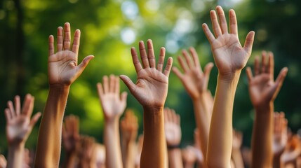 A close-up of a diverse group of hands raised in the air, symbolizing solidarity, activism, and collective action.