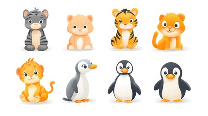 Fototapeta premium Adorable Cartoon Animals Set with Tiger, Penguin, and Lion Cub Illustrations