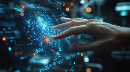 A close-up of a hand interacting with a holographic interface, with AI-generated data floating around, highlighting the fusion of touch and technology.