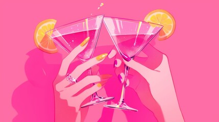 Two Female Hands with Long Nails Clinking Glasses of Pink Martini Cocktails for a Girls' Night Cheers