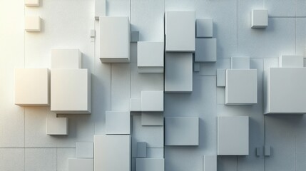 Contemporary abstract design with 3D white and grey squares and detailed drop shadows.