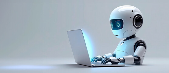 Robot chat bot is using computer laptop, copy space for text, banner. Digital background, futuristic smart technology concept, control by artificial intelligence