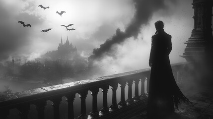 Gothic Man Silhouette on Rooftop Overlooking Foggy Cityscape