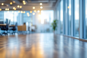 Modern open office space with wooden floors and large windows offering a panoramic city view, filled with warm, ambient lighting for a cozy atmosphere.