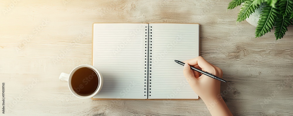 Poster Hand Writing in Notebook With Cup of Coffee on Wooden Table.