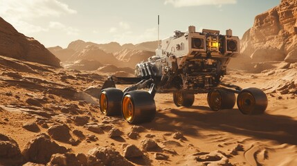 A robotic rover exploring Mars' surface, powered by advanced space exploration technology.
