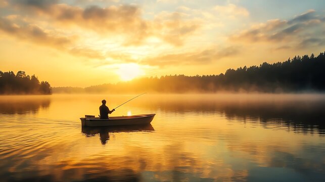 A man is fishing in a boat at sunrise.