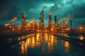 complex industrial refinery with maze of pipes towers and tanks dramatic lighting highlights intricate infrastructure against moody sky showcasing engineering marvel