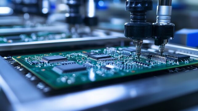 An electronics manufacturing facility assembles circuit boards using precision machines.