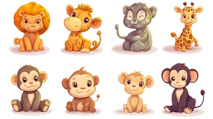 Obraz premium Eight Adorable Cartoon Animals Sitting on White Background
