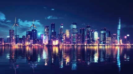 Fototapeta premium A vibrant city skyline at night powered by renewable energy, solar lights, and wind-powered turbines on buildings