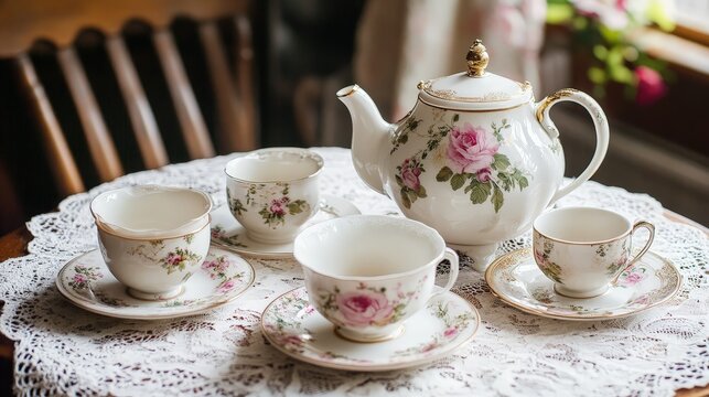 An elegant Victorian tea set displayed on a lace tablecloth, ready for an afternoon tea party