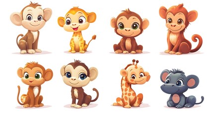 Fototapeta premium A Collection of Adorable Cartoon Monkeys and Giraffes