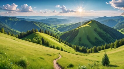 Fototapeta premium Sunlit mountain path winds through green rolling hills.