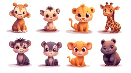 Obraz premium Adorable Cartoon Baby Animals Sitting on White Background