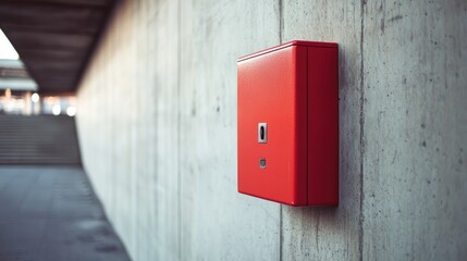 Focused image of a red emergency box, empty and securely attached to a wall.