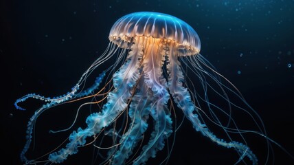 Fototapeta premium glowing jellyfish swims gracefully among tropical fish in a deep blue aquarium, showcasing the beauty of underwater marine life