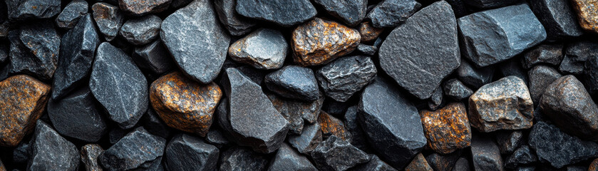 Close-up of variously sized and shaped dark grey and brown stones arranged in a textured pattern, showcasing natural rock beauty in a horizontal view.