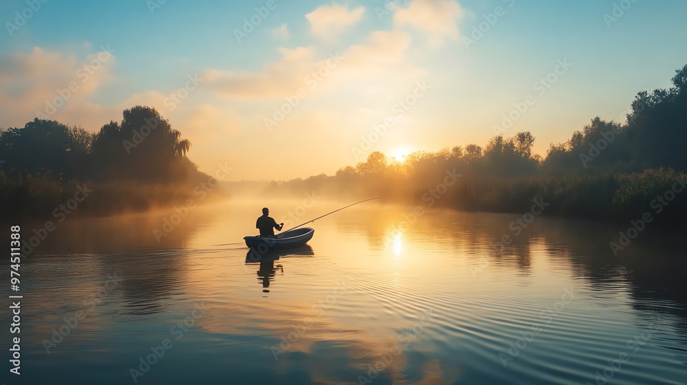 Wall mural A man is fishing in a small boat on a lake at sunrise.