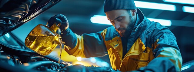 a car mechanic pours oil into a car engine. Selective focus