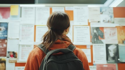 Capture a student glancing at a bulletin board filled with semester events and deadlines, feeling a mix of excitement and nervousness as they prepare for classes.