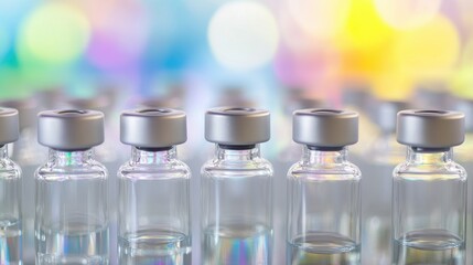 Group of sterile glass vials, neatly lined up with liquid contents, surrounded by a softly blurred background.