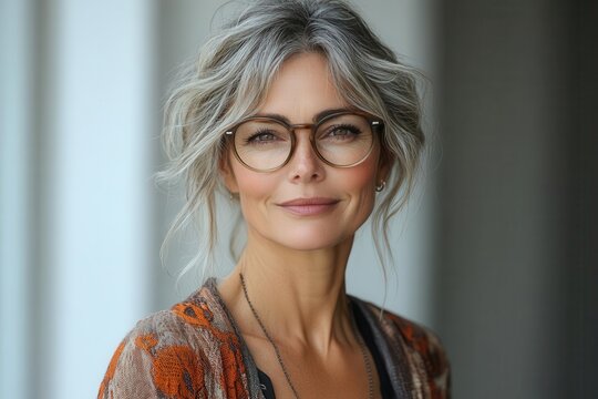 confident mature businesswoman in stylish outfit and modern glasses standing against clean white backdrop professional headshot with warm approachable smile and selfassured posture