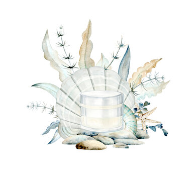 recommend clip art: K rem jar and sea shells. Watercolor Clip Art on a white background. The illustration is hand drawn in pastel colors. Suitable for card designs, textiles and scrapbooking.