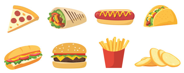 Fast Food Items Set. Junk food collection flat illustration