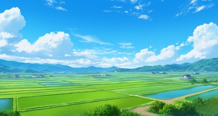 Obraz premium Wide View of Expansive Rice Fields in Japan with Cel Shading Under Clear Blue Skies